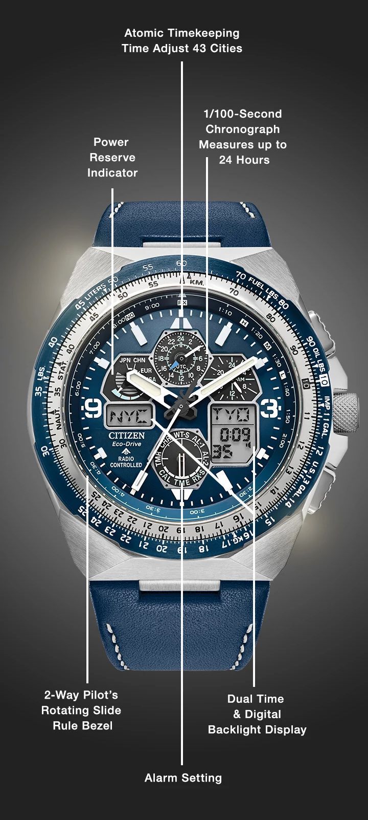 Watch diagram showing features of Men's Promaster Skyhawk A-T model JY8148-08L