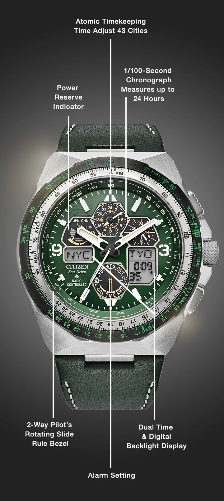 Watch diagram showing features of Men's Promaster Skyhawk A-T model JY8147-01X