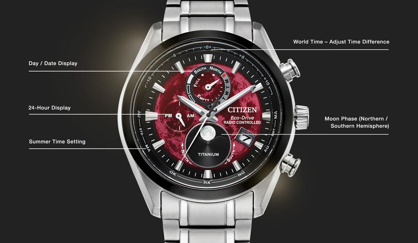 Watch diagram showing features of Tsuki-yomi A-T model BY1018-55X Watch diagram showing features of Tsuki-yomi A-T model BY1018-55X
