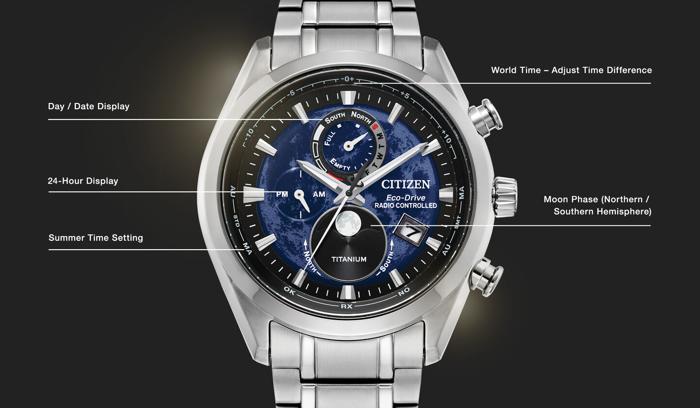Watch diagram showing features of Tsuki-yomi A-T model BY1010-57L Watch diagram showing features of Tsuki-yomi A-T model BY1010-57L