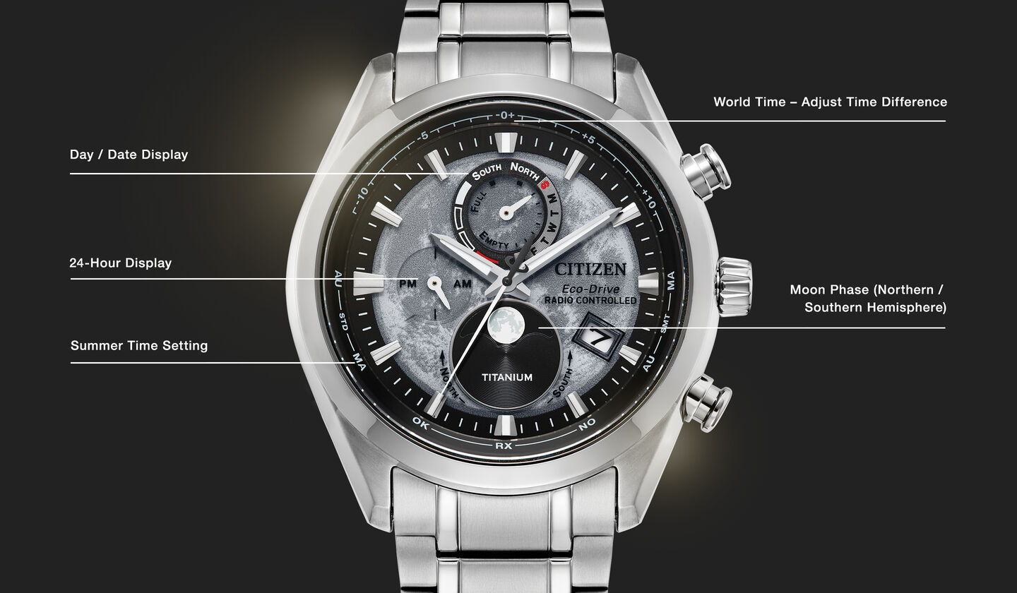 Watch diagram showing features of Tsuki-yomi A-T model BY1010-57H Watch diagram showing features of Tsuki-yomi A-T model BY1010-57H